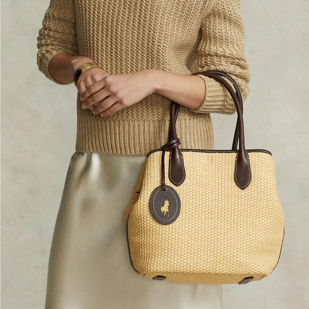 NWT Polo by Ralph Lauren Leather-Trim Straw Medium Bellport Tote - Picture 1 of 14